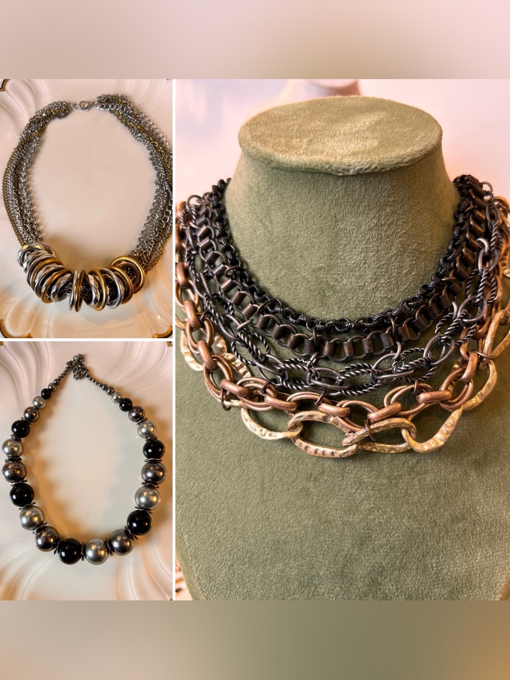 💝2/20$ Bundle of 3 mixed-metal necklaces, multi-chain, chunky Bold Edgy